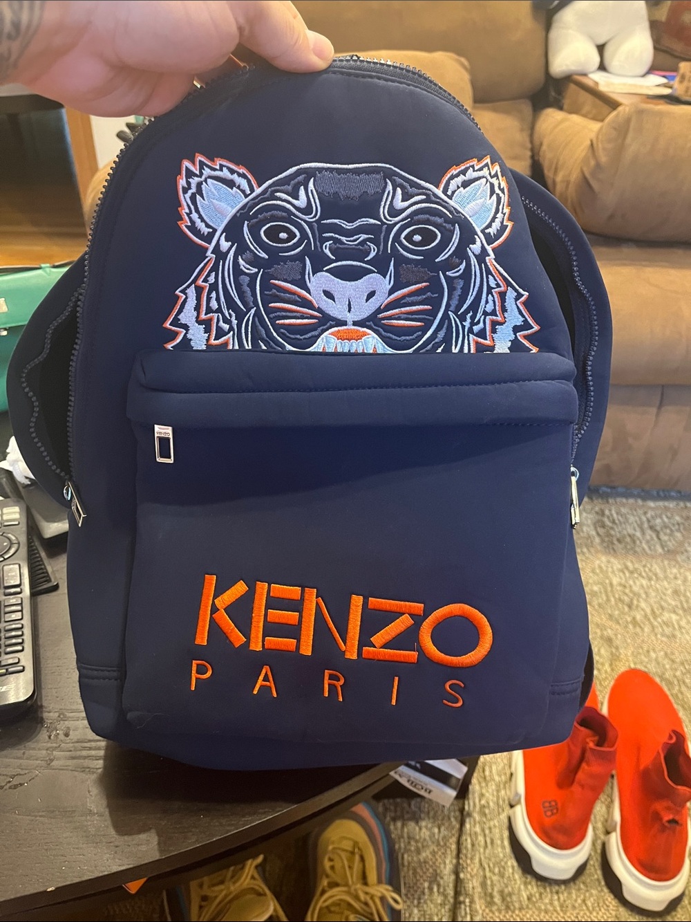 KENZO Navy Backpack with Orange Logo and Embroidered Tiger